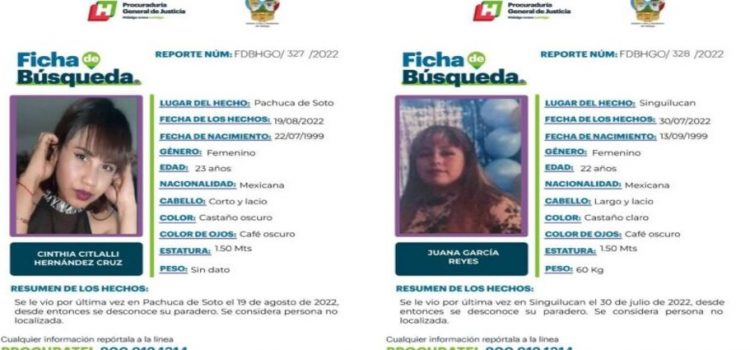 Buscan a dos mujeres desaparecidas en Singuilucan y Pachuca
