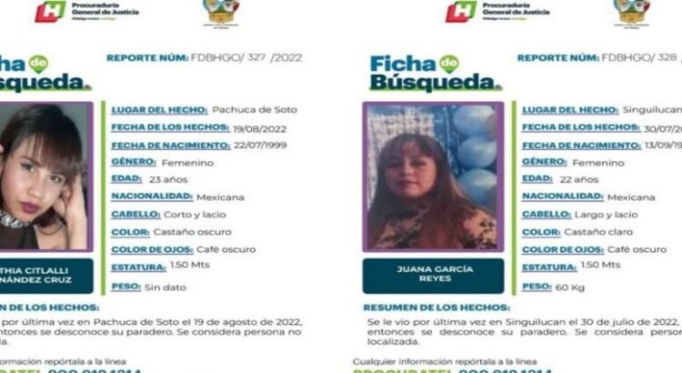 Buscan a dos mujeres desaparecidas en Singuilucan y Pachuca