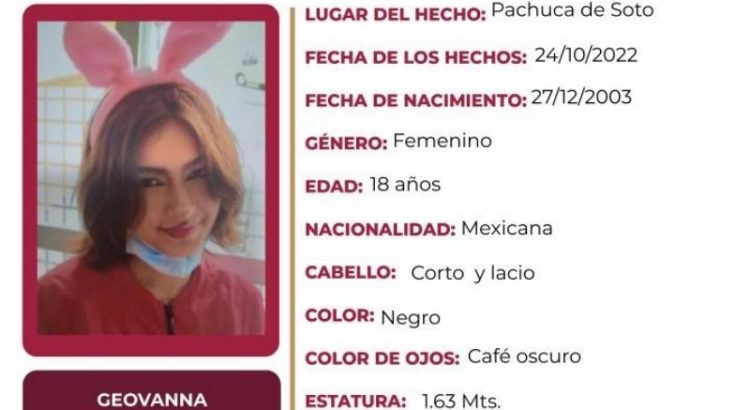 Emiten ficha de búsqueda para localizar a Geovanna Islas Galván, de Pachuca