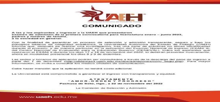 Aspirantes a universidad en Hidalgo repetirán examen de admisión