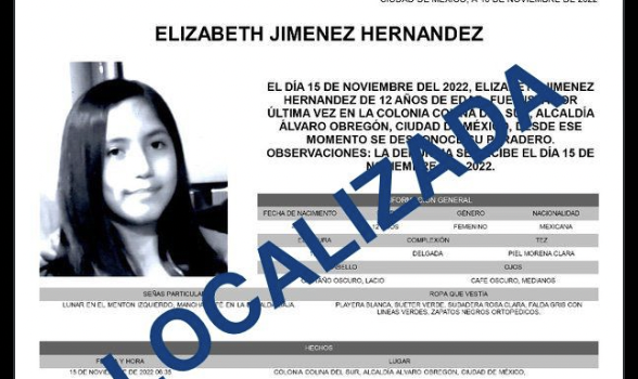 Hallan en Pachuca a Elizabeth, niña reportada como desaparecida