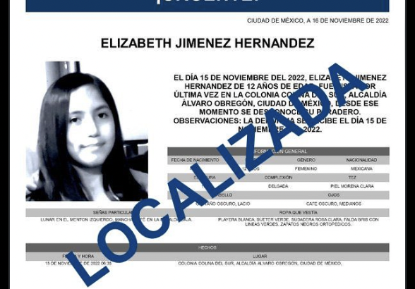 Hallan en Pachuca a Elizabeth, niña reportada como desaparecida