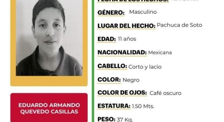 Buscan a menor de 11 años desaparecido en Pachuca