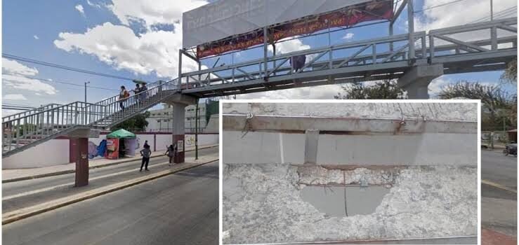 Denuncian puente peatonal en Pachuca con enormes hoyos en el suelo